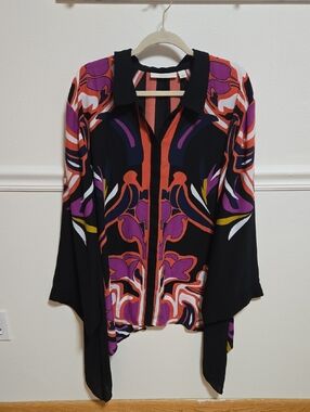 Sejour Black Blouse with Purple & Orange Abstract Print